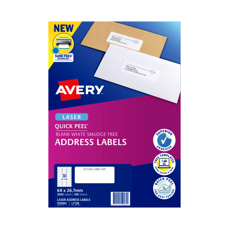 Avery Laser Label L7158 30Up - Pack of 100