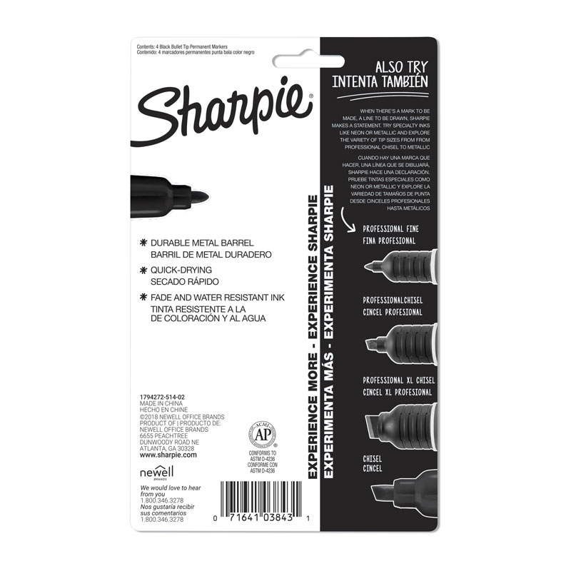 Sharpie Metal Permanent Marker Bullet Tip Black - Pack of 4