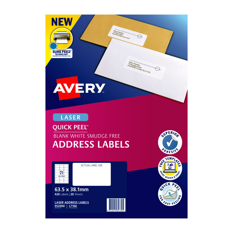 Avery Laser Label Quick Peel L7160 21Up - Pack of 20