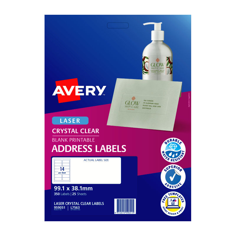 Avery Laser Label Clear L7563 14Up - Pack of 25