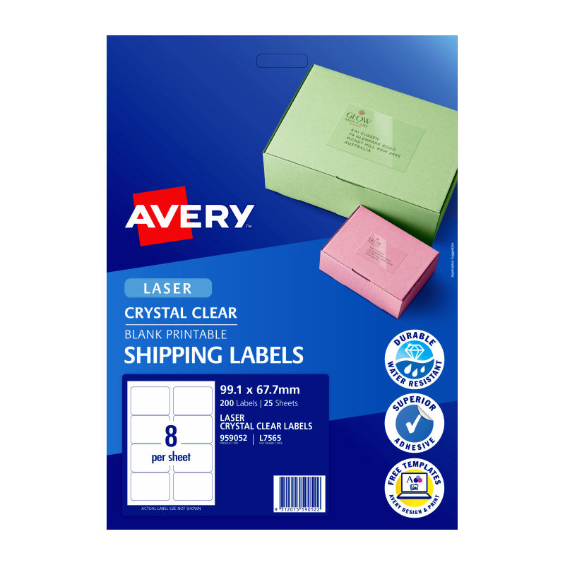 Avery Laser Label Clear L7565 8Up - Pack of 25