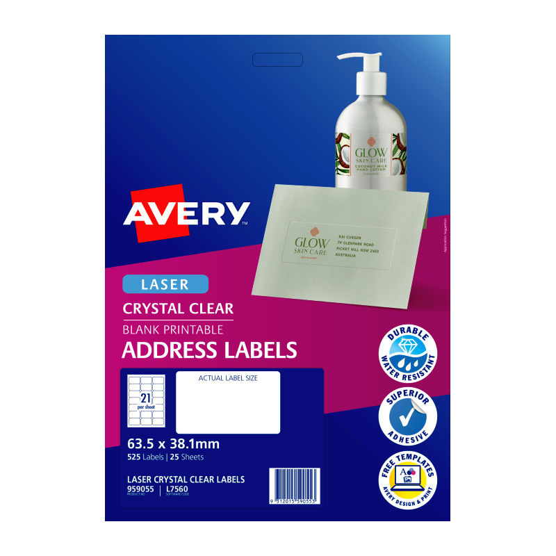 Avery Label Clear L7560 21Up - Pack of 25