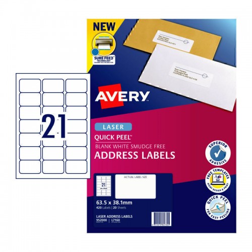 Avery Laser Label Quick Peel L7160 21Up - Pack of 20