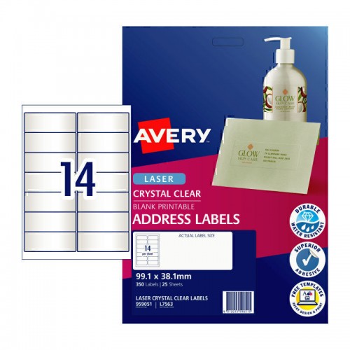 Avery Laser Label Clear L7563 14Up - Pack of 25