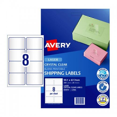 Avery Laser Label Clear L7565 8Up - Pack of 25