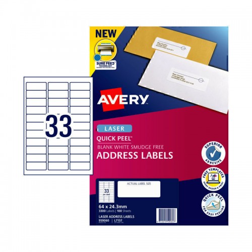 Avery Laser Label Quick Peel L7157 33Up - Pack of 100