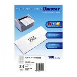 Unistat Laser InkJet Printer Label 33Up 70X25mm - Box of 100