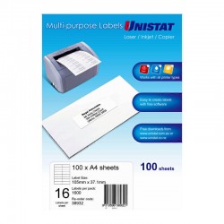 Unistat Laser InkJet Printer Label 16Up 105X37 - Box of 100