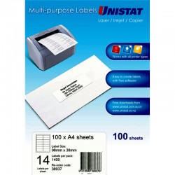 Unistat Laser InkJet Printer Label 14Up 98X38mm - Pack of 100