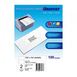 Unistat Laser InkJet Printer Label 2Up 148X210 - Pack of 100